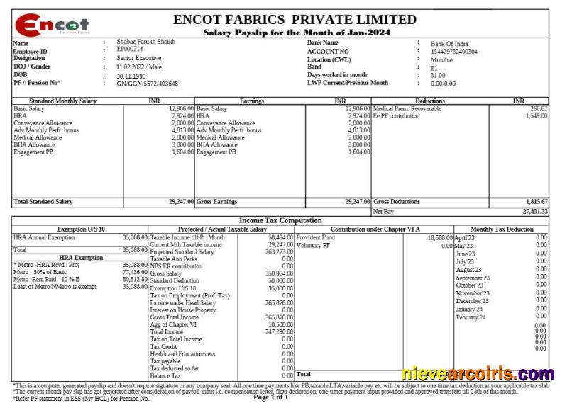 Encot Fabrics corporate office payslip